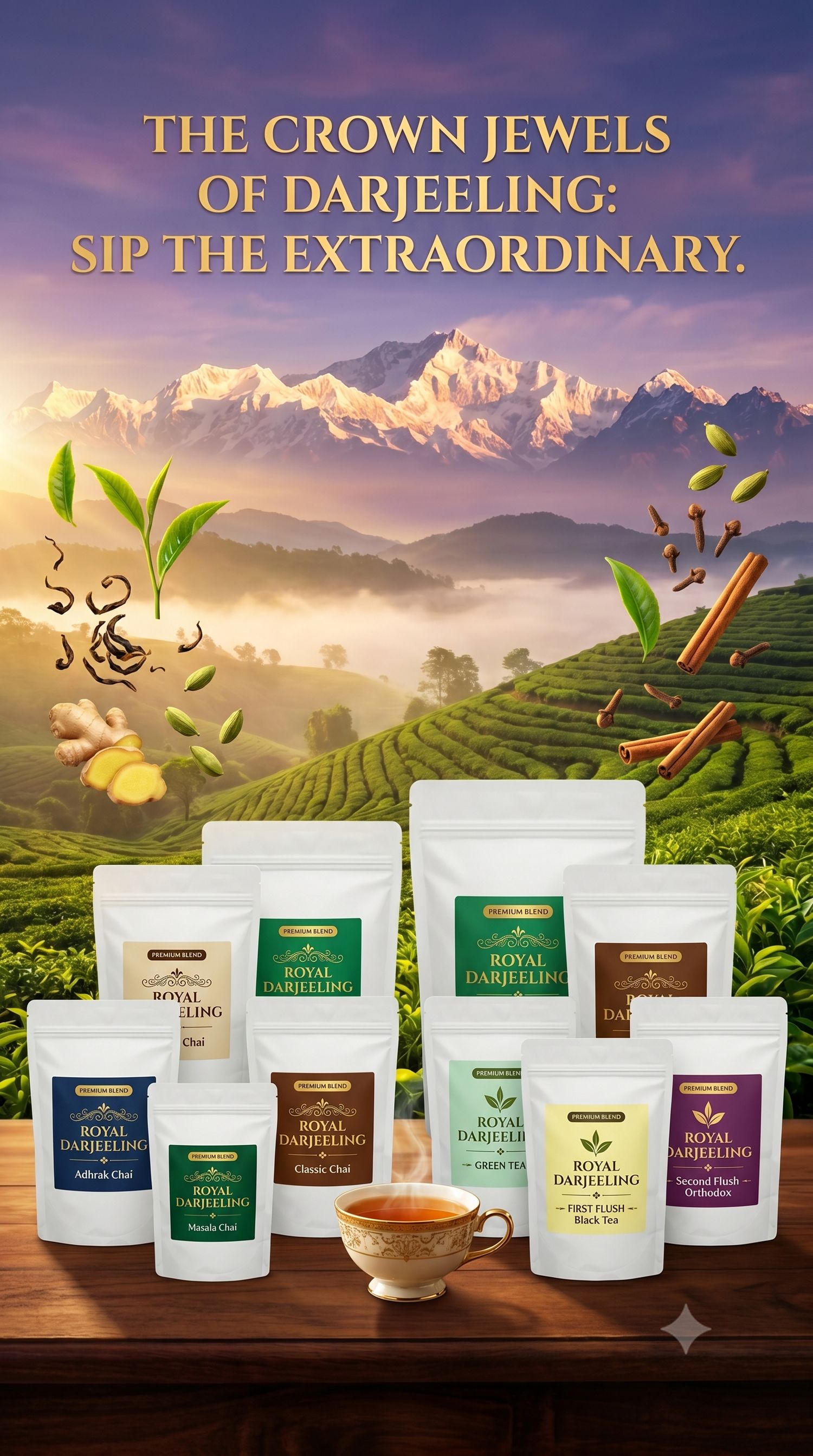 Darjeeling tea gardens beneath the Himalayas