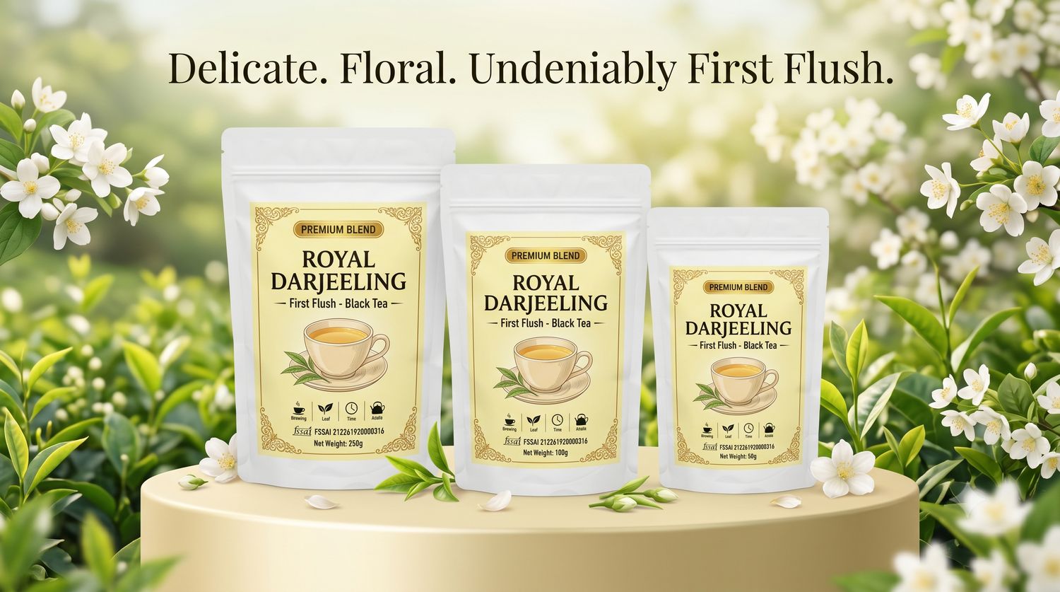 Royal Darjeeling First Flush pouches surrounded by white jasmine flowers