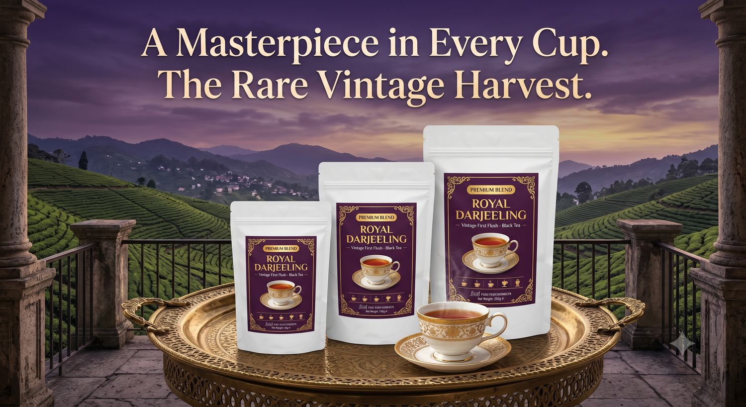 Royal Darjeeling Vintage First Flush on a palace balcony overlooking a tea garden